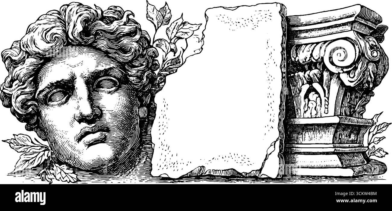 Antike griechische Artefakte mit gerissener Inschrift und dekorativem Säulendesign. Stock Vektor