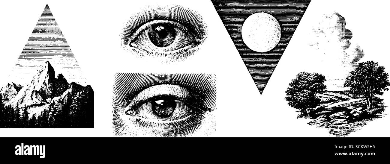 Esoterische Symbole und mystische Landschaften für spirituelles Design. Stock Vektor