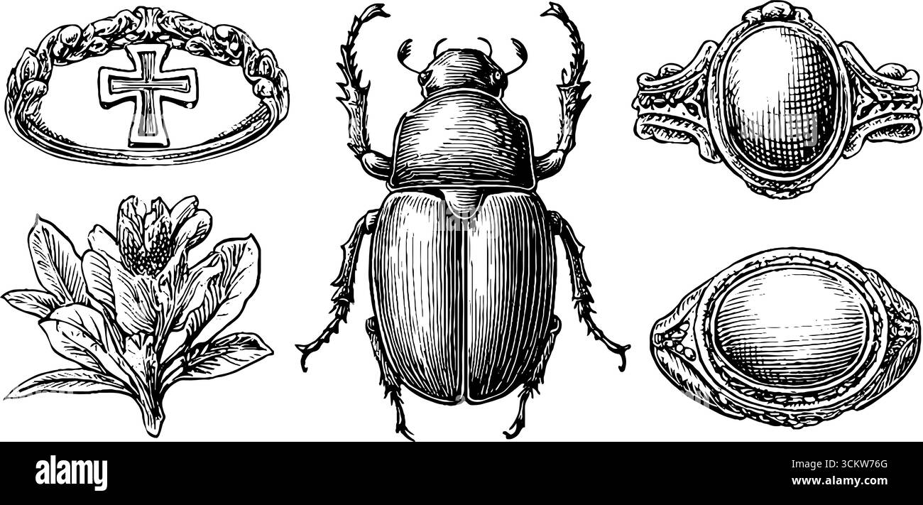 Vintage-Kollektion mit altägyptischem Scarab und Amuletten, die von der Renaissance inspiriert sind. Stock Vektor