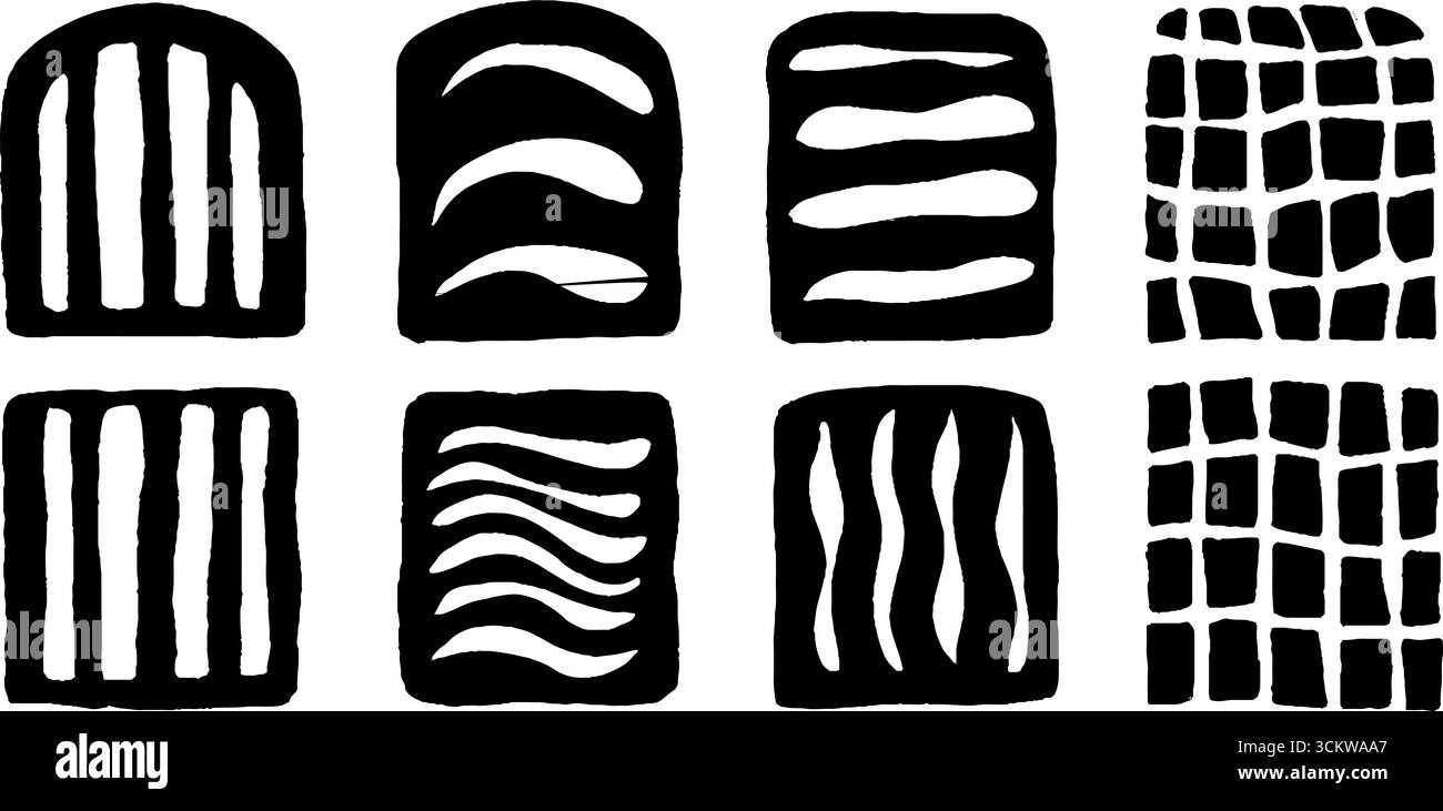 Abstrakte geometrische Muster mit parallelen Balken, gebrochenen Rastern und Kurven für Konstruktionsprojekte. Stock Vektor