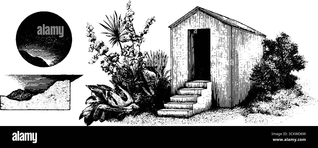 Brutalistisches Architekturkonzept mit geometrischen Elementen und Naturillustration. Stock Vektor