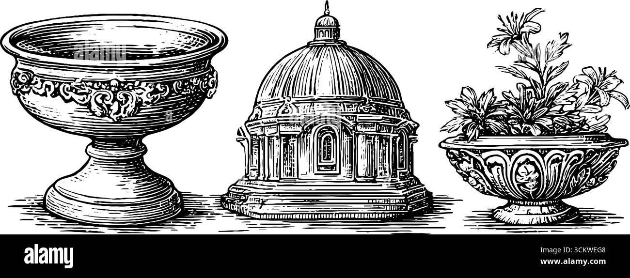 Dom aus der Renaissance, reich verzierte Reliquientruhe und dekorative Schüssel mit Pflanzen. Stock Vektor