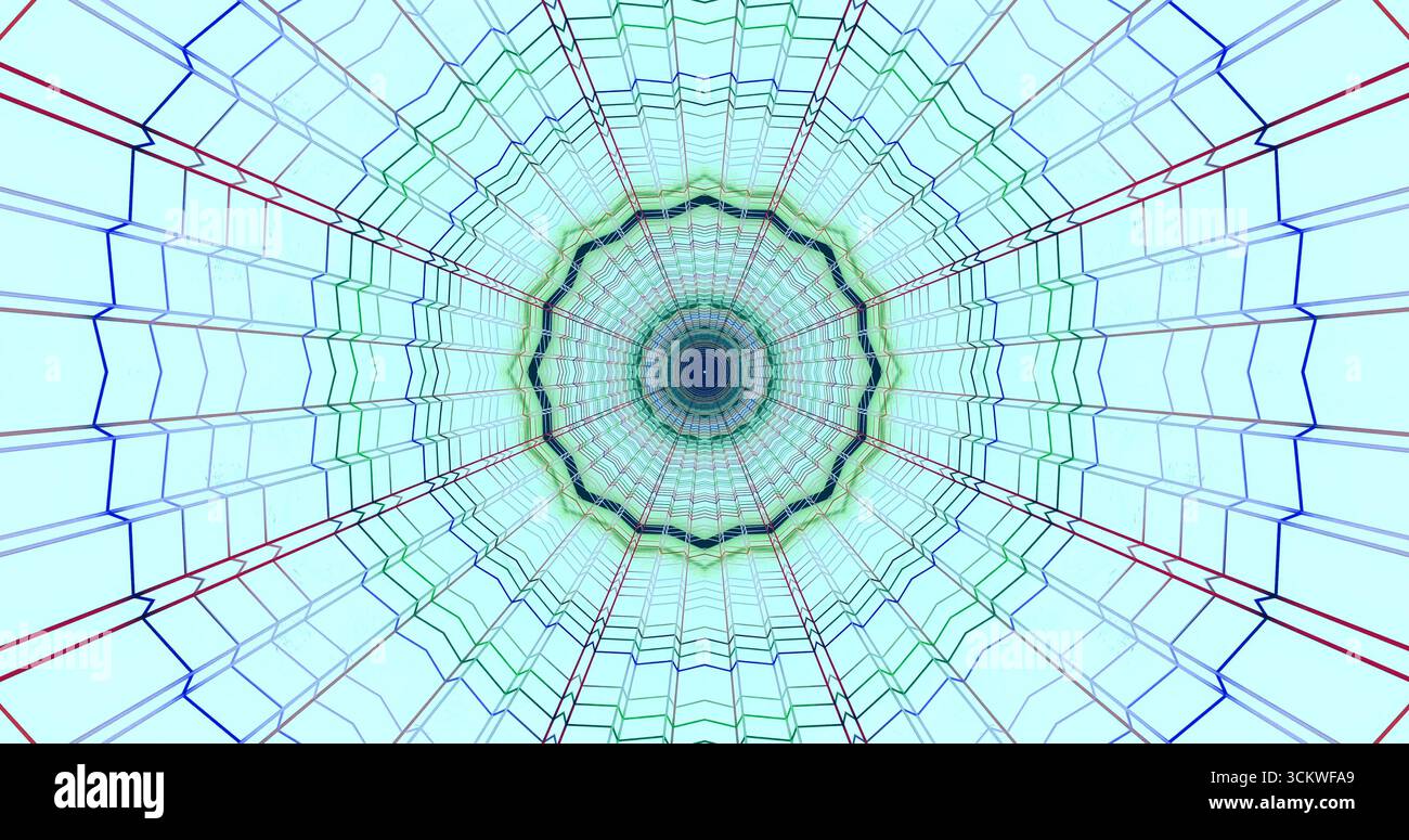 Ein lebendiger abstrakter Tunnel, der aus komplexen geometrischen Mustern in Blau, Grün und Rot besteht. Die Struktur scheint sich bis in die Unendlichkeit auszudehnen, wodurch ein m entsteht Stockfoto