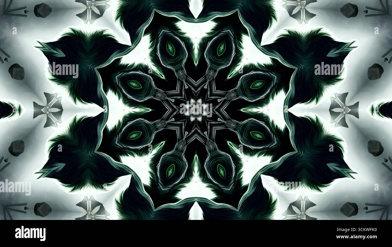 Dieses Kunstwerk zeigt ein komplexes abstraktes Schwarz-weiß-Muster, das einem kaleidoskopischen Design ähnelt. Wirbelnde Formen und Texturen sorgen für ein fesselndes Erlebnis Stockfoto