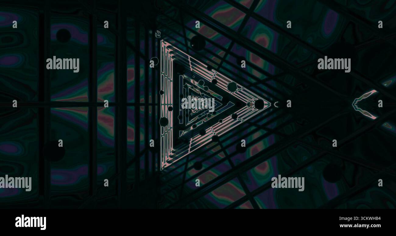 Komplexe geometrische Formen werden vor einem dunklen Hintergrund hervorgehoben und bieten lebendige Farben und scharfe Kontraste. Die Komposition zeichnet den Betrachter“ Stockfoto