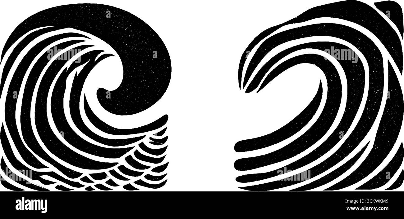 Stilisierter Walschwanz und Wellenwappen mit Salzspray für ein Design mit Meeresmotiv. Stock Vektor