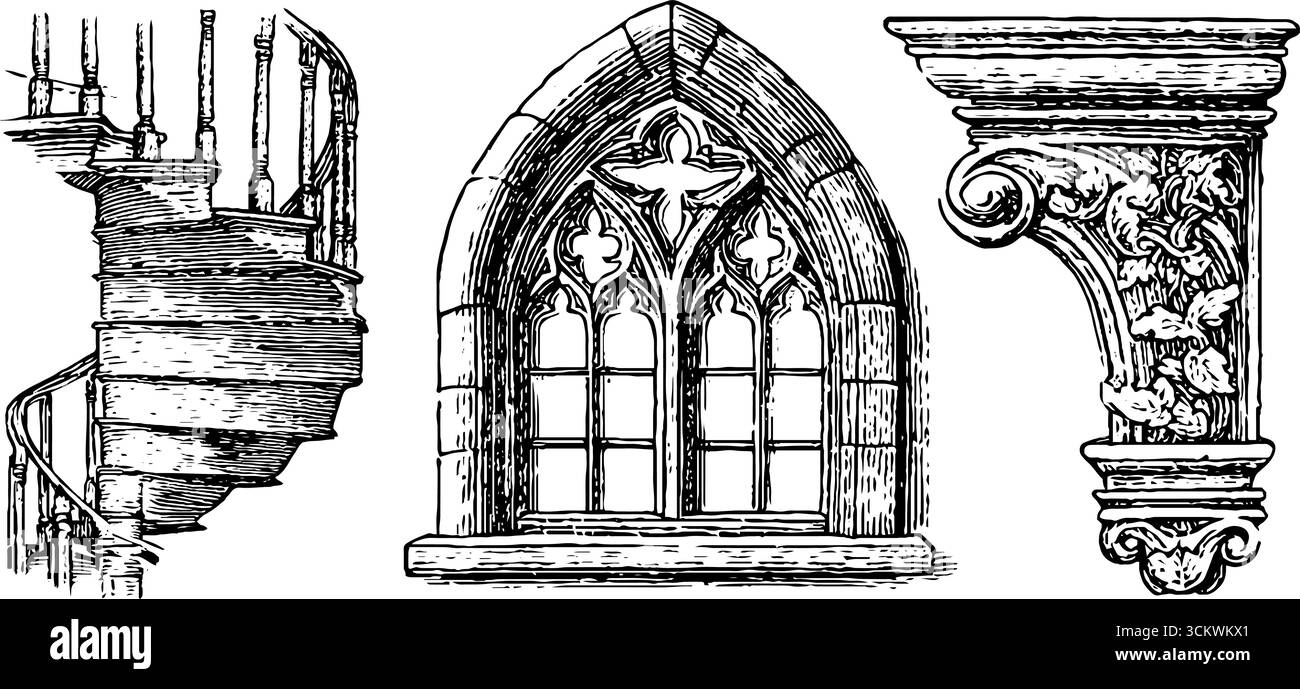 Gotische Fensterstruktur und modulare Fassadenelemente für architektonische Inspiration. Stock Vektor