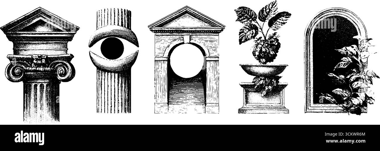 Klassische architektonische Elemente mit einzigartigen künstlerischen Entwürfen für kreative Projekte. Stock Vektor