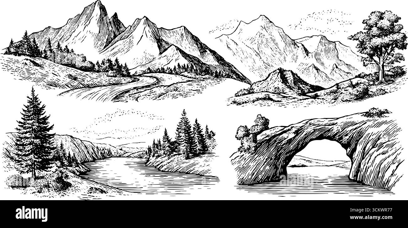 Malerische Ausblicke auf die Berge und Naturpfade mit Gletscherfelsen und einsamen Gipfeln. Stock Vektor