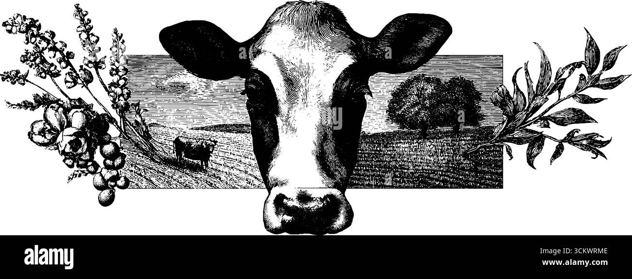 Abstrakte Vintage-Gravur aus der Mitte des Jahrhunderts mit Kuh- und Blumenelementen für Design. Stock Vektor
