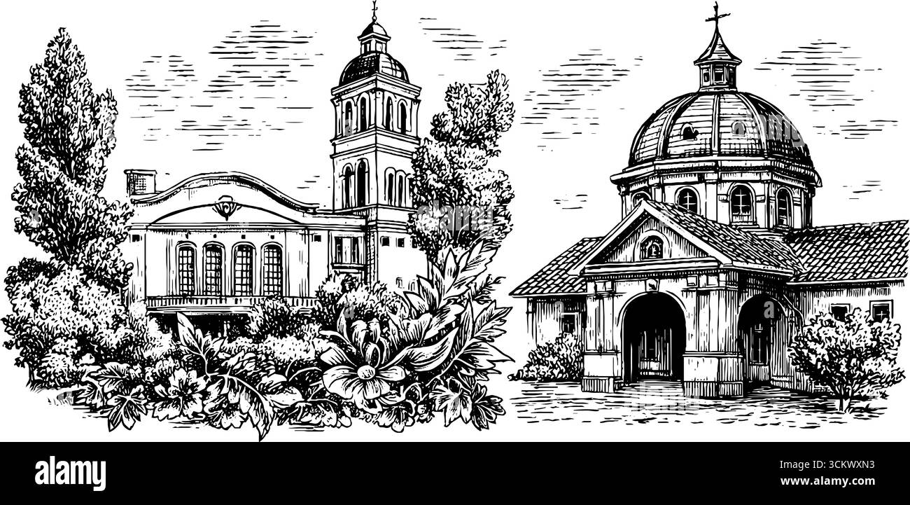 Art-Deco-Kino-Festzelt und byzantinische Basilika architektonische Skizzen als Inspiration für Design. Stock Vektor