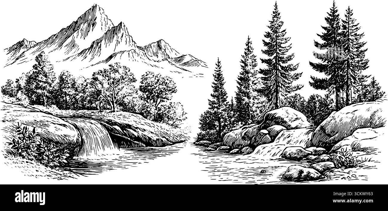 Vulkanische Berge und Kiefernwälder mit Wasserfall. Stock Vektor