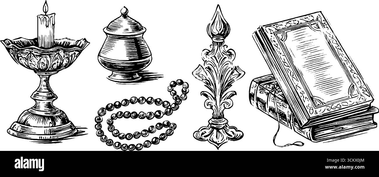 Religiöse Symbole: römisch-katholischer Rosenkranz und hinduistische Öllampe für spirituelle Reflexion und Dekoration. Stock Vektor