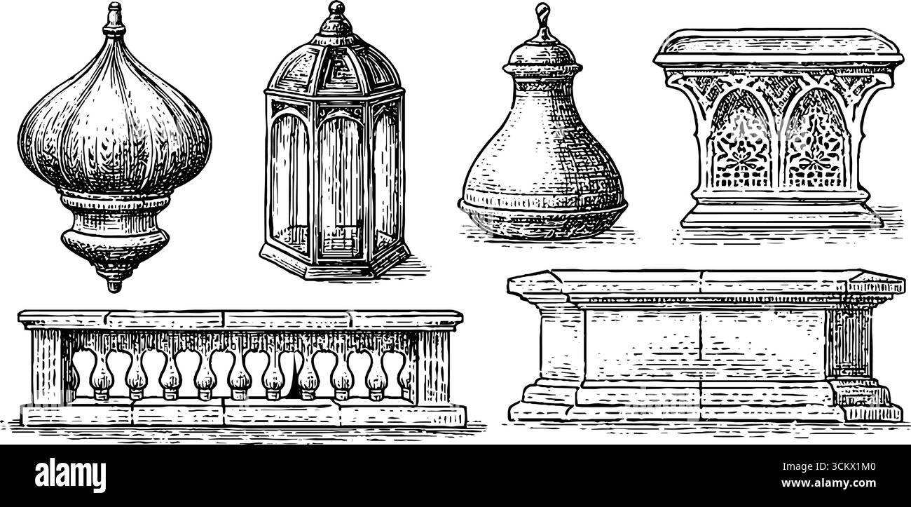Sammlung von architektonischen Elementen mit romanischen Bögen und dekorativen Wandlampen für Design-Inspiration. Stock Vektor