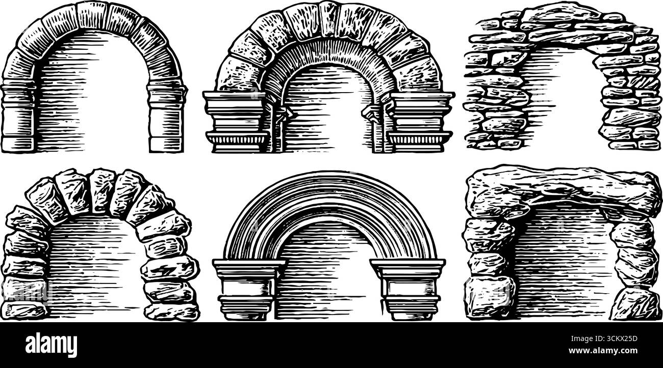 Historische Backstein- und Steinbogendesigns mit kompliziertem Deckengewölbe als architektonische Inspiration. Stock Vektor