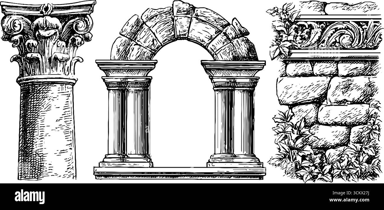 Architektonische Elemente mit abgerundeter Apsis, Rippengewölbe und dekorativen Säulendetails. Stock Vektor