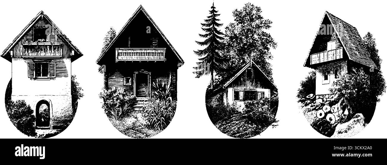 Bezaubernde Almhütten und Balkonkollektion für rustikales Design. Stock Vektor