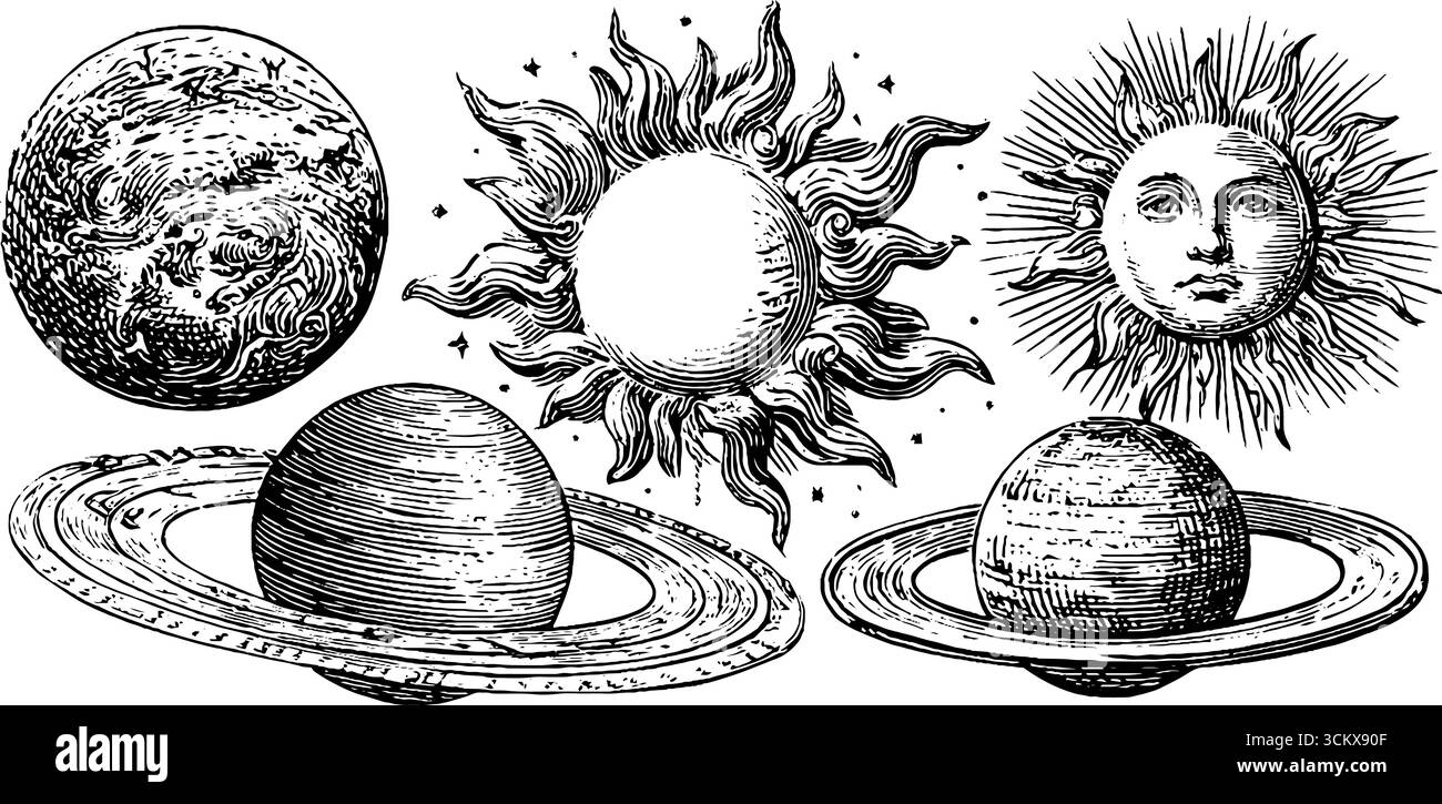 Ekliptische Liniendiagramme und handgeschriebene Konstellationen mit Planeten und Sonnenillustrationen. Stock Vektor