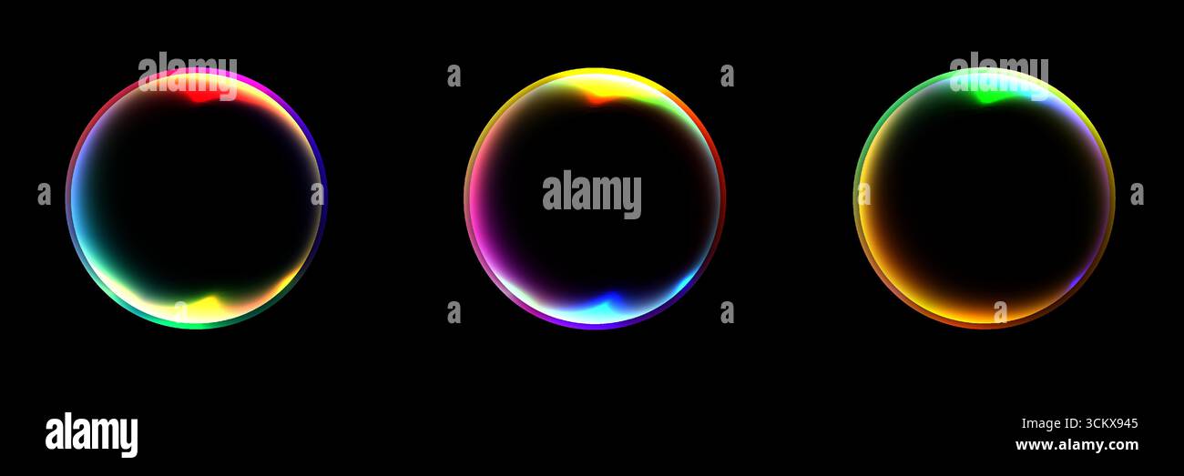 Leuchtende Kugeln mit schillernden Regenbogenhalos erscheinen vor schwarzem Hintergrund wie kosmische Blasen lebendiges Licht und Schatten erzeugen ein surreales traumhaftes A Stock Vektor