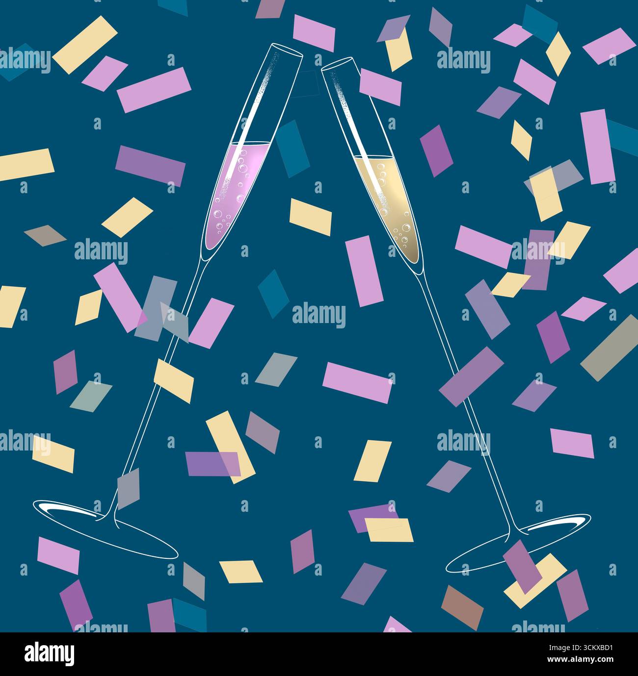 Sekt und Sekt, der in dünnen Kristallflöten sprudelt, werden in einem Toast berührt, während Konfetti überall herumfallen. Das ist 3D illustr Stockfoto
