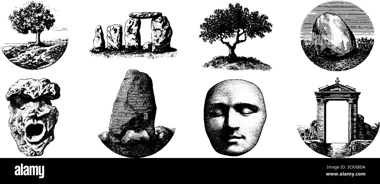 Antike megalithische Strukturen und natürliche Elemente für historisches Design und Dekoration. Stock Vektor