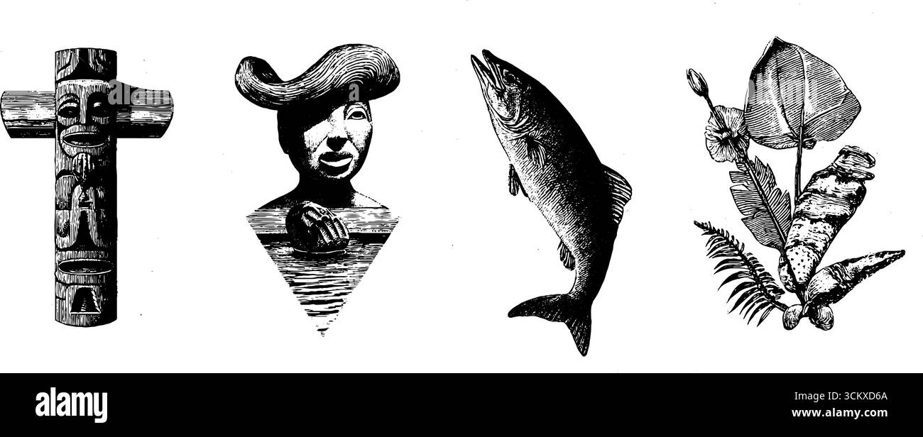 Traditionelle pazifische Totempfahl- und Kanu-Symbole für kulturelle Dekoration. Stock Vektor