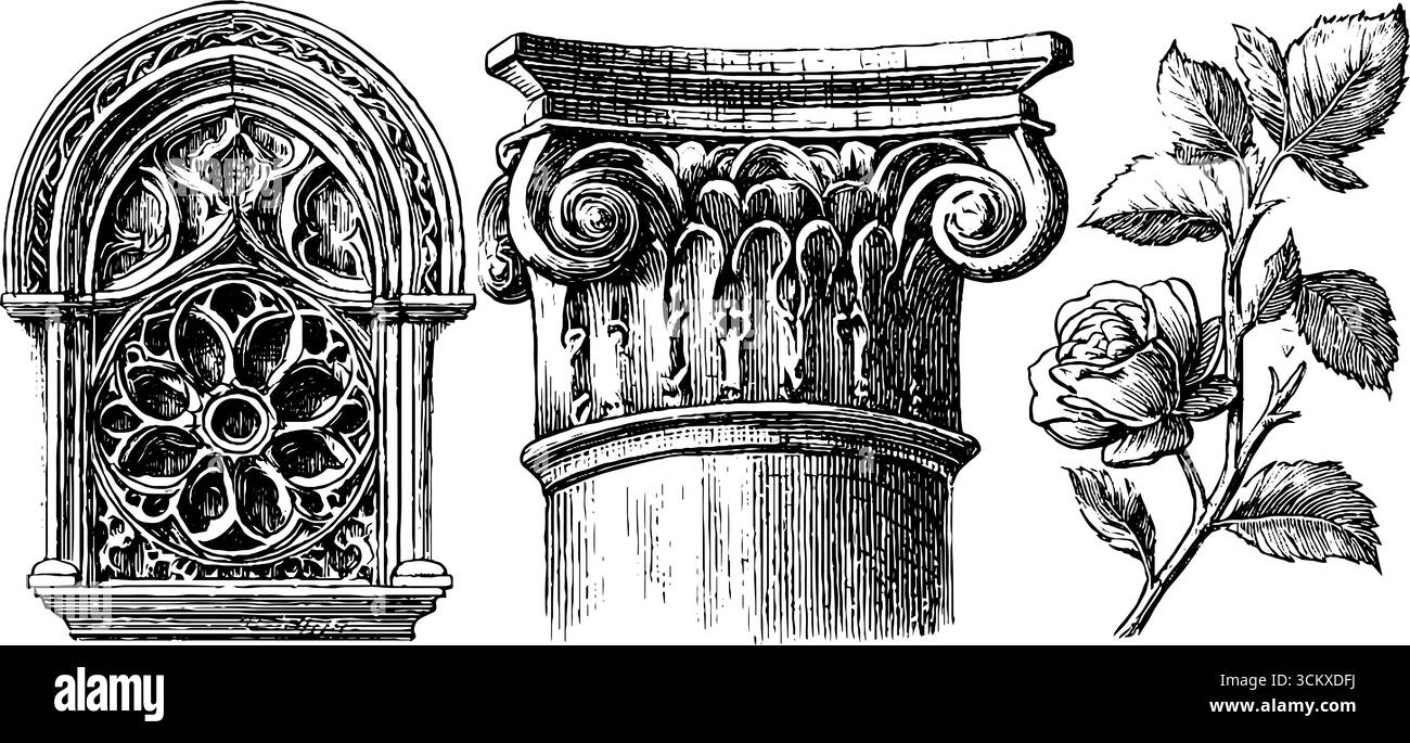 Komplexe gotische und Renaissance-Architekturelemente mit Rosenfenster und Säulentrakt. Stock Vektor