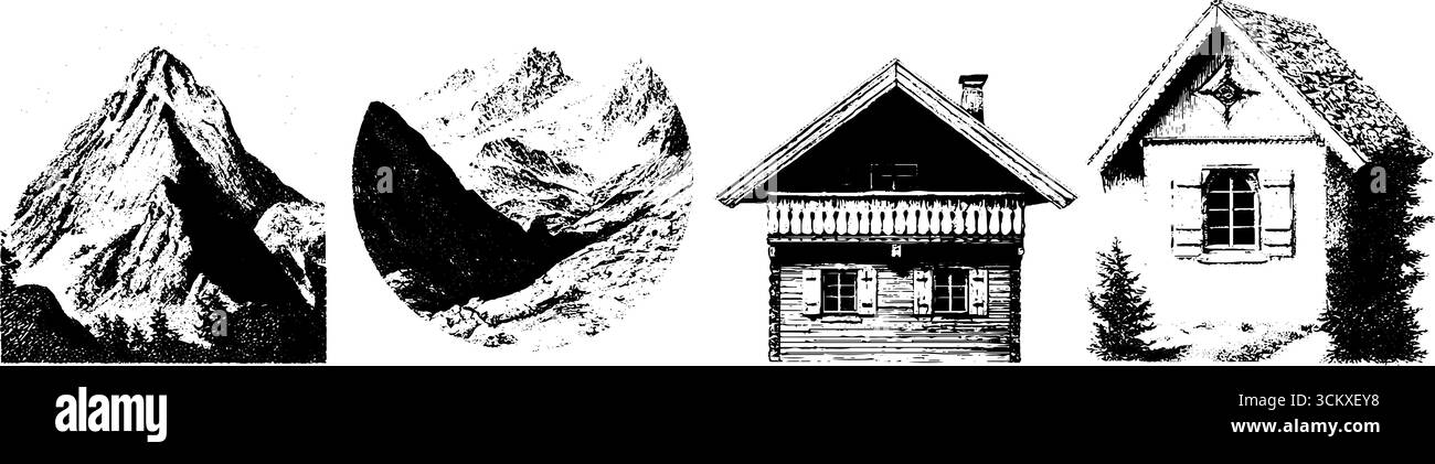 Illustrationen von alpinem Chalet und Balkon mit Bergkulisse für naturinspiriertes Design. Stock Vektor