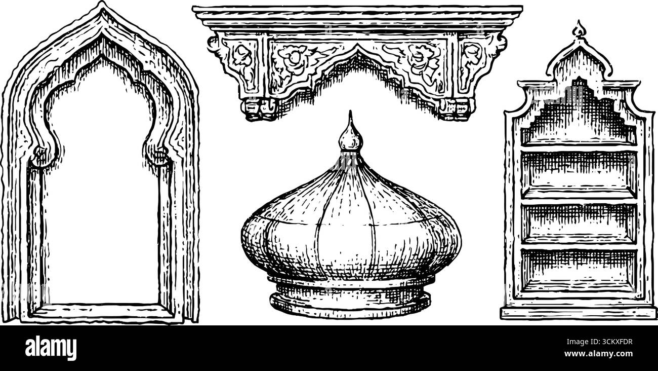 Komplizierte islamische Laternen-Nische und Architektur-Elemente der Renaissance. Stock Vektor