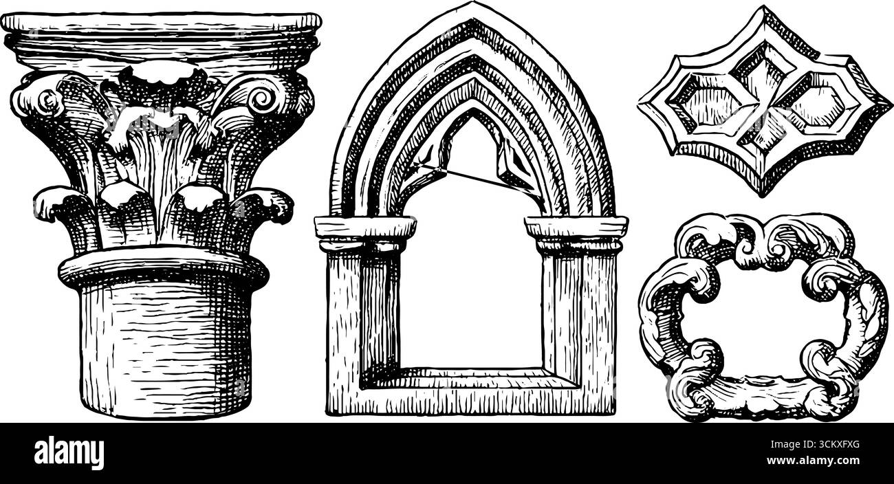 Verzierte Architekturelemente mit Bögen, Säulen und dekorativen Modulen für Design. Stock Vektor