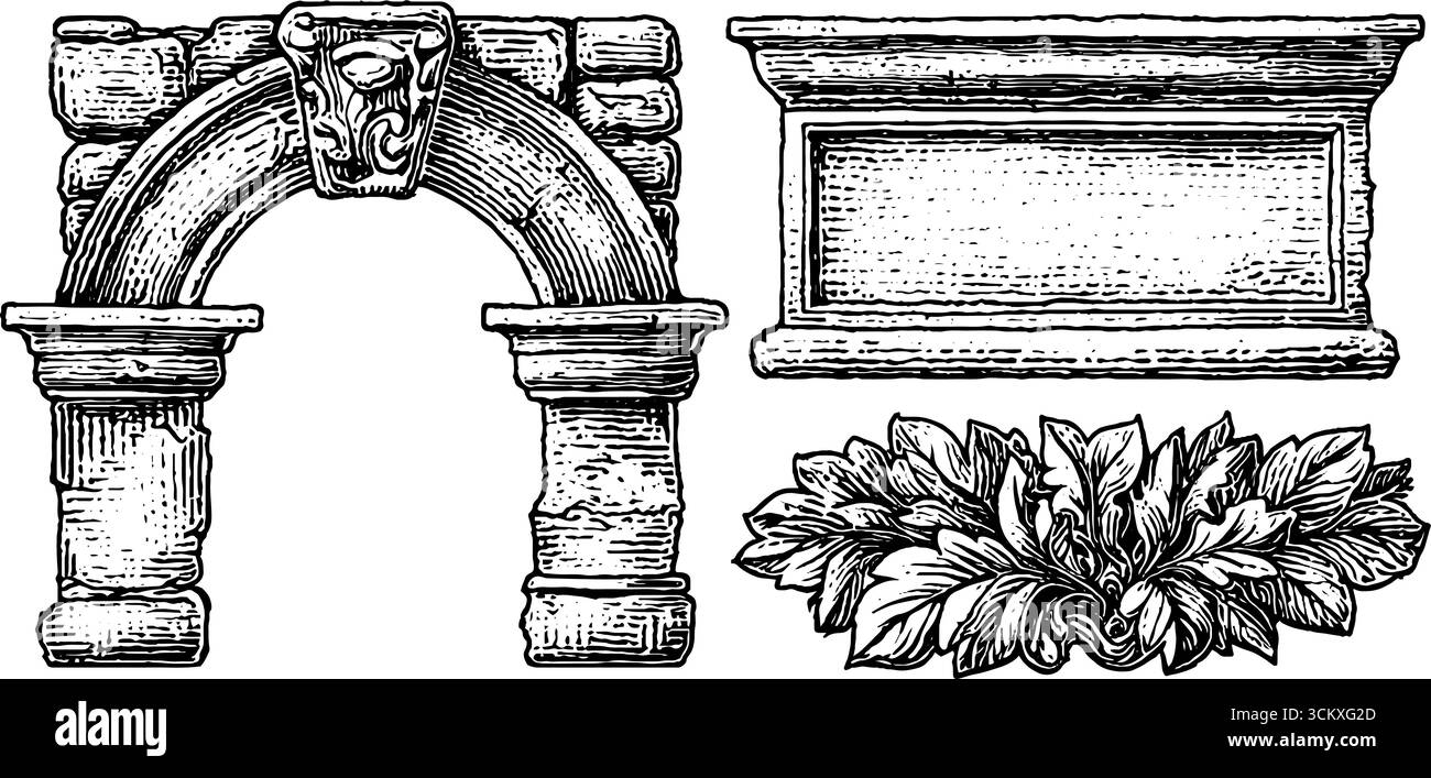 Satz aus Mauerwerk Eckverbinder und Scharnierbefestigungsplatten mit dekorativen Elementen. Stock Vektor
