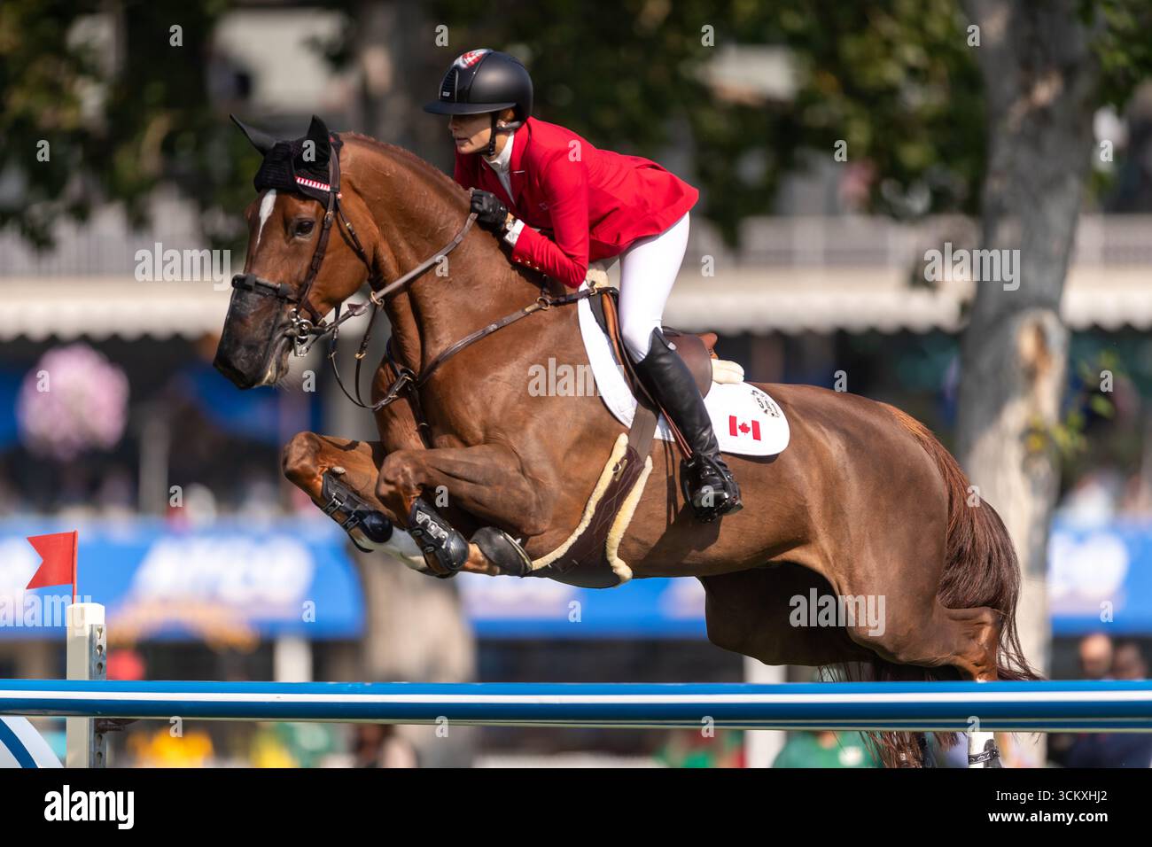 Tiffany Foster of Canada, Riding Electrique, tritt im September in der ersten Runde des BMO Nations Cups 2025 während der Spruce Meadows Masters an Stockfoto