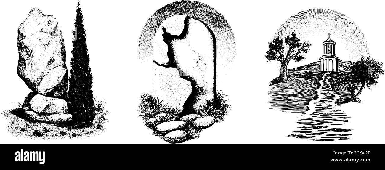 Alte Steinschnitzereien und Tafeln mit malerischen Landschaften für historisches Design. Stock Vektor