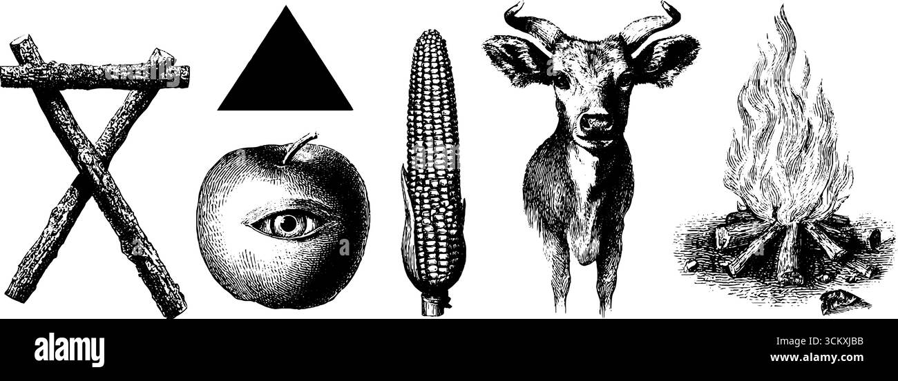 Primitive Symbole und Figuren: Erforschung der antiken Ikonographie für Kulturdesign. Stock Vektor