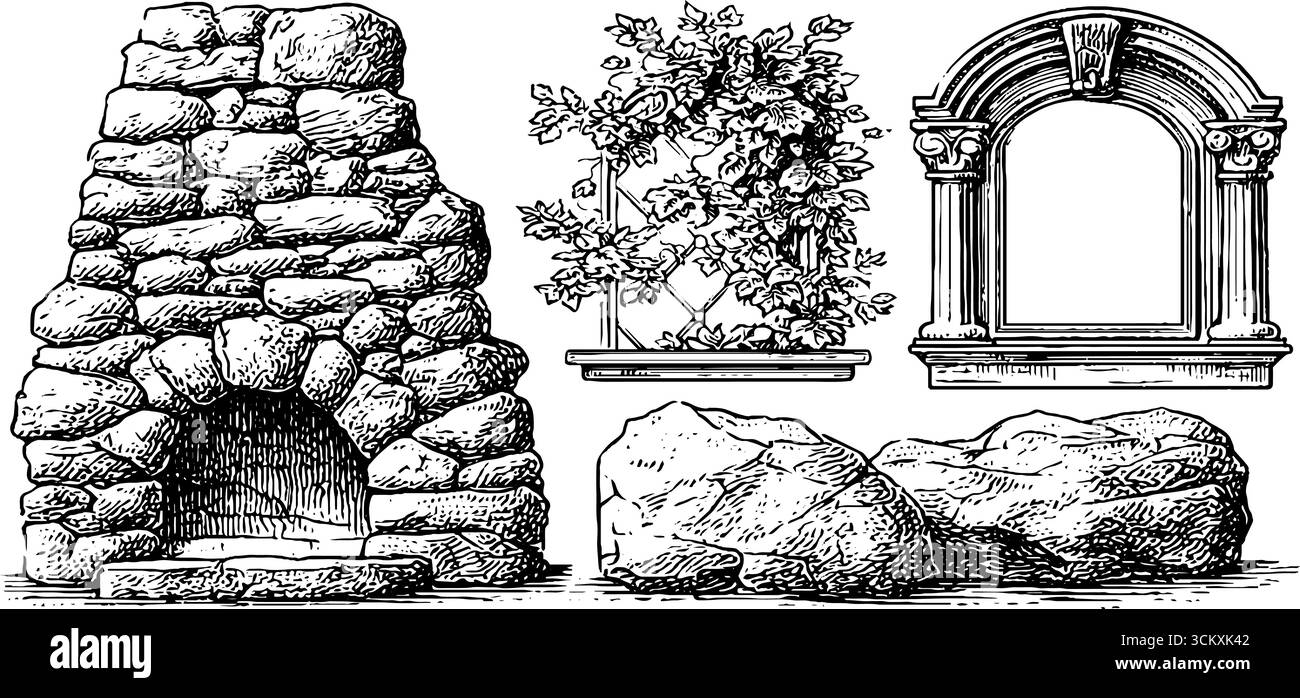 Rustikale Elemente aus Cottage Herd und alpinem Loft Balken für gemütliche Inneneinrichtung. Stock Vektor