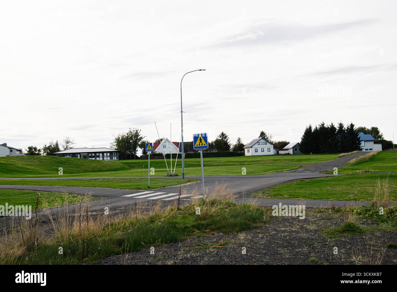 Idyllische ländliche isländische Szene mit Häusern, Straßen, Crosswalk und weitläufigen grünen Feldern. Stockfoto