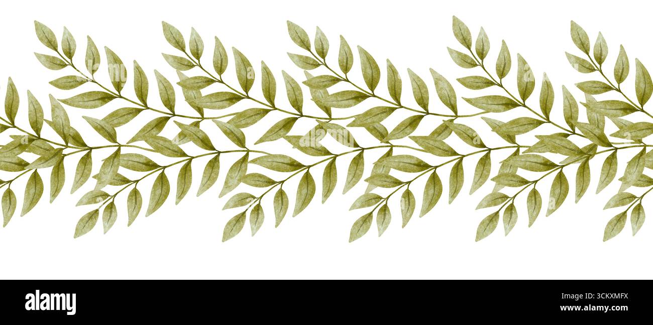 Nahtloser Aquarellrand mit grünen Zweigen in zartem botanischen Stil. Perfekt für Einladungen, Hochzeitsdekor, Schreibwaren, Verpackungen, Stoff Stockfoto