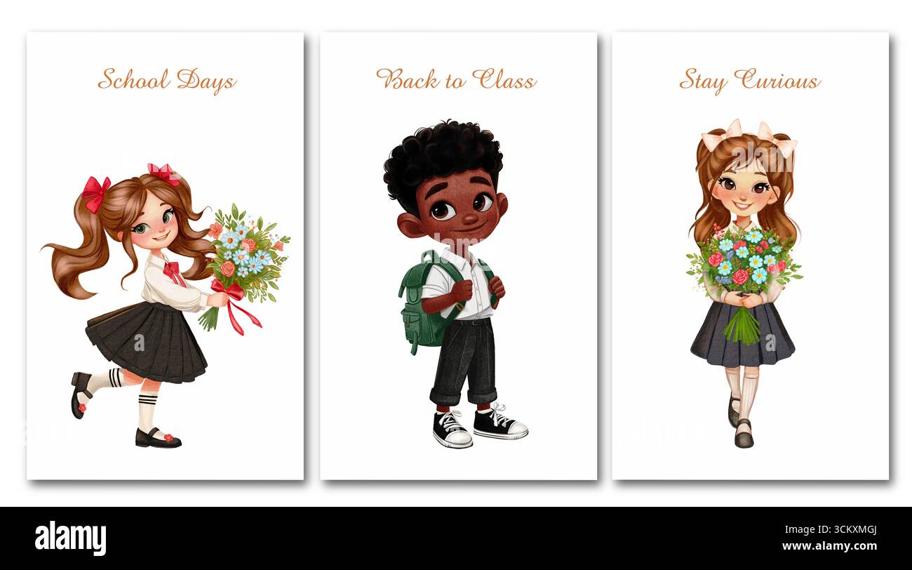 Niedliche Schulkinder mit Blumen und Rucksack, gezeichnet im handgemalten Cartoonstil. Perfekt für Schulkarten, Poster und Einladungen Stockfoto