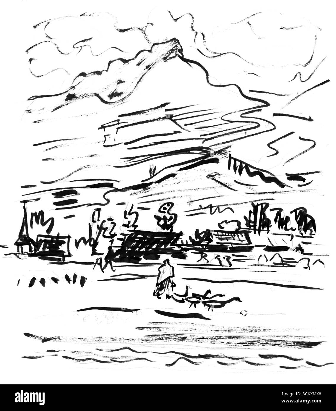 Skizzenbuch 19: Gänse in Front of the Village von Arnold Peter Weisz Kubincan - Slowakische Modernistische expressionistische ländliche Szene, Kunstwerk des frühen 20. Jahrhunderts Stockfoto