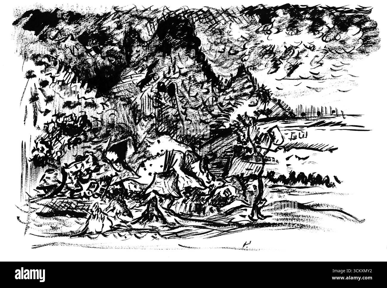 Landschaft mit Fluss (Studie) von Arnold Peter Weisz Kubincan - Slowakische moderne expressionistische Flussszene, Kunstwerk des frühen 20. Jahrhunderts Stockfoto
