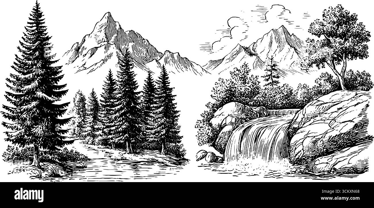 Vulkanische Berggipfel und Kiefernwälder mit malerischer Wasserfalllandschaft. Stock Vektor