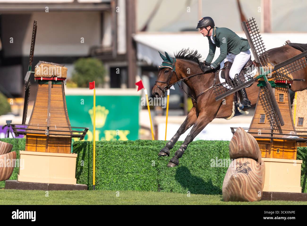 Daniel Coyle aus Irland, Riding Legacy, tritt in der ersten Runde des BMO Nations Cups 2025 während der Spruce Meadows Masters am 6. September 20 an Stockfoto