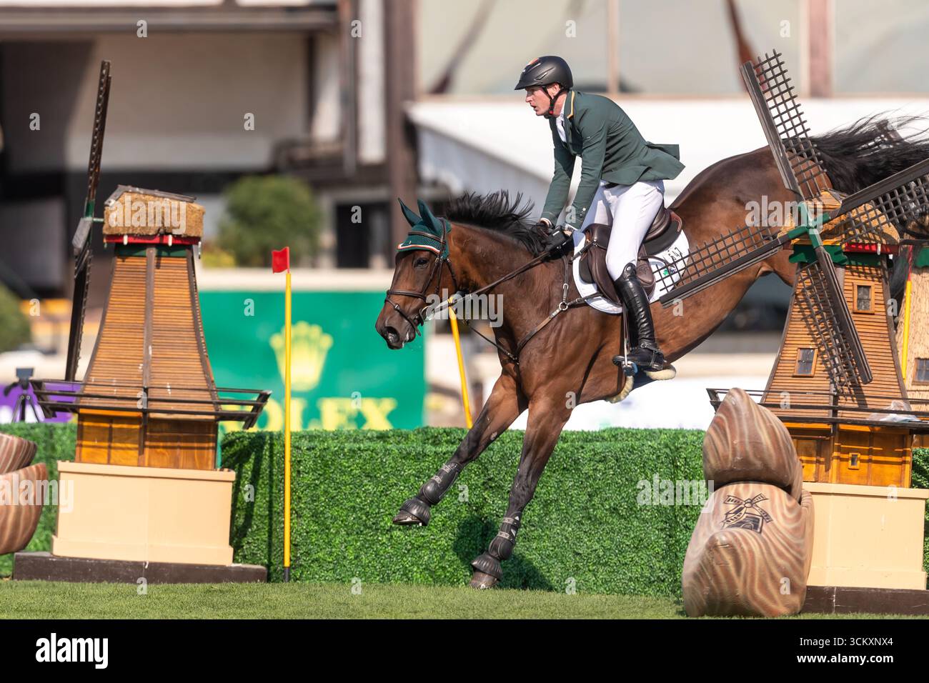 Daniel Coyle aus Irland, Riding Legacy, tritt in der ersten Runde des BMO Nations Cups 2025 während der Spruce Meadows Masters am 6. September 20 an Stockfoto