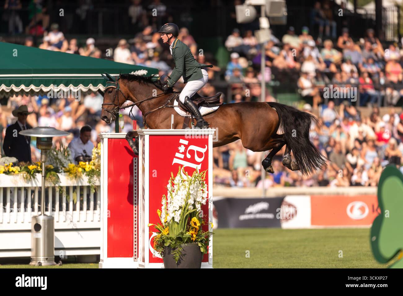 Daniel Coyle aus Irland, Riding Legacy, tritt in der ersten Runde des BMO Nations Cups 2025 während der Spruce Meadows Masters am 6. September 20 an Stockfoto