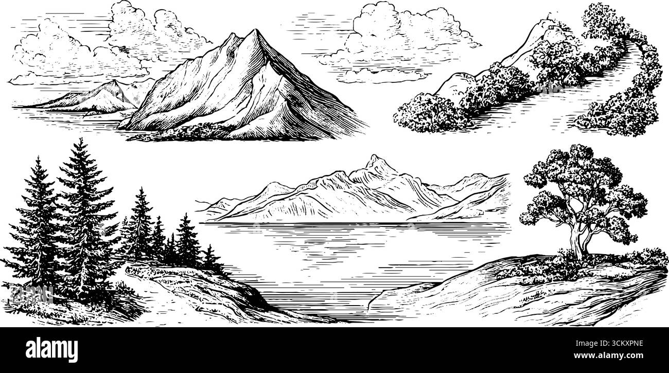 Dramatische Berglandschaft mit stürmischem Himmel und Ausläuferpfaden für Naturkunst. Stock Vektor