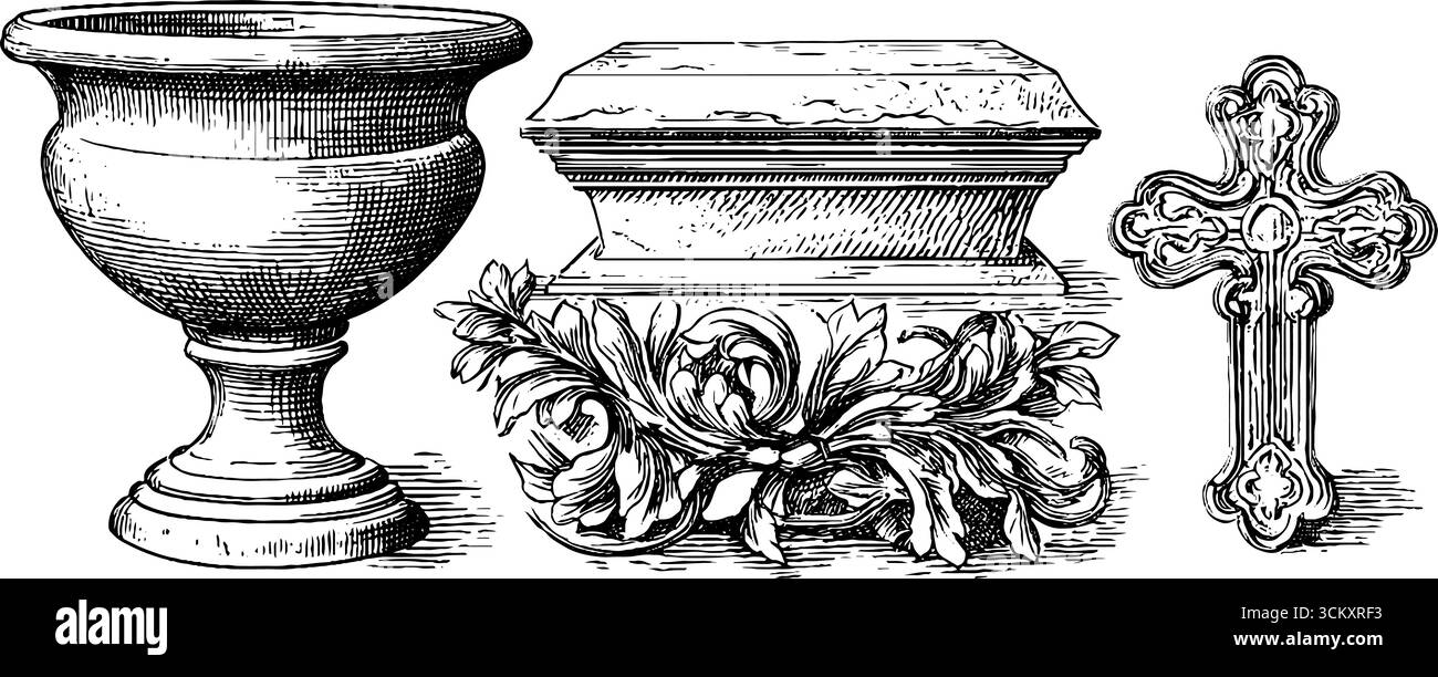 Antike Reliquien und kunstvolle Steinmotive für historische Dekoration. Stock Vektor