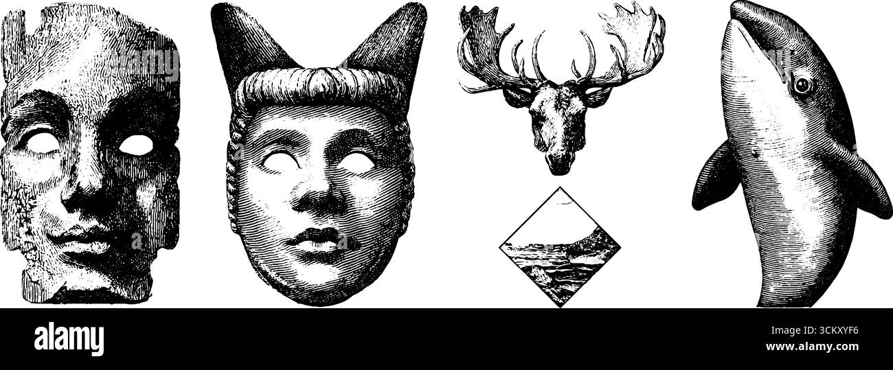 Inuit Kunstsammlung: Schnitzereien, Masken, Elche, Wale und Tote Design für kulturelle Wertschätzung. Stock Vektor