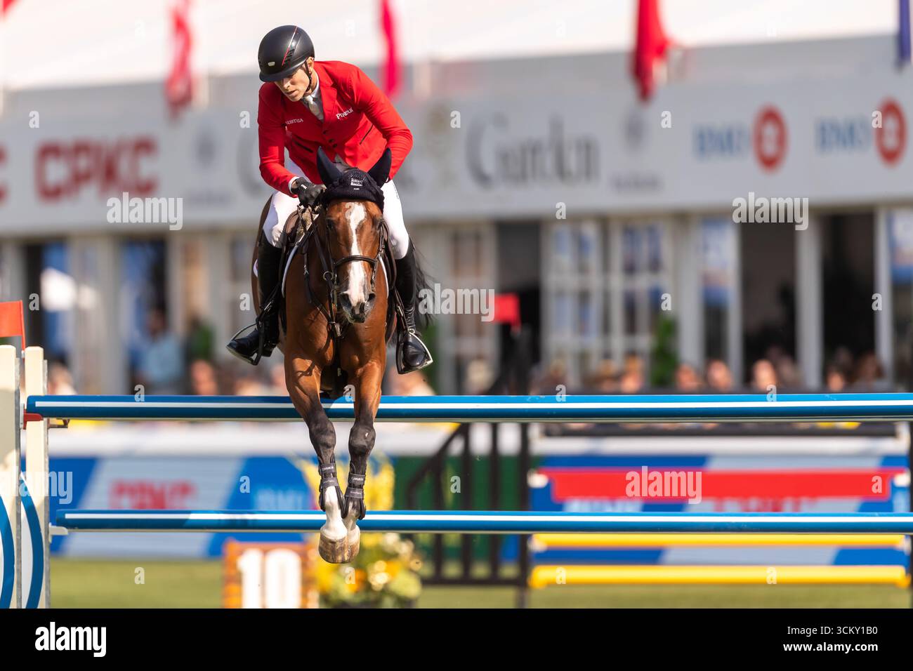 Max Kuhner aus Österreich, Riding Count on Me, tritt am 6. September in der ersten Runde des BMO Nations Cups 2025 während der Fichte Meadows 'Masters' an. Stockfoto