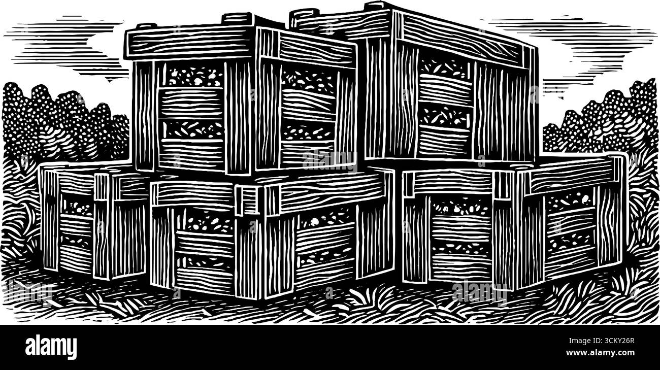 Rustikale Apfelkisten im Vintage-Schwarz-weiß-Design am Obstgarten gestapelt. Stock Vektor