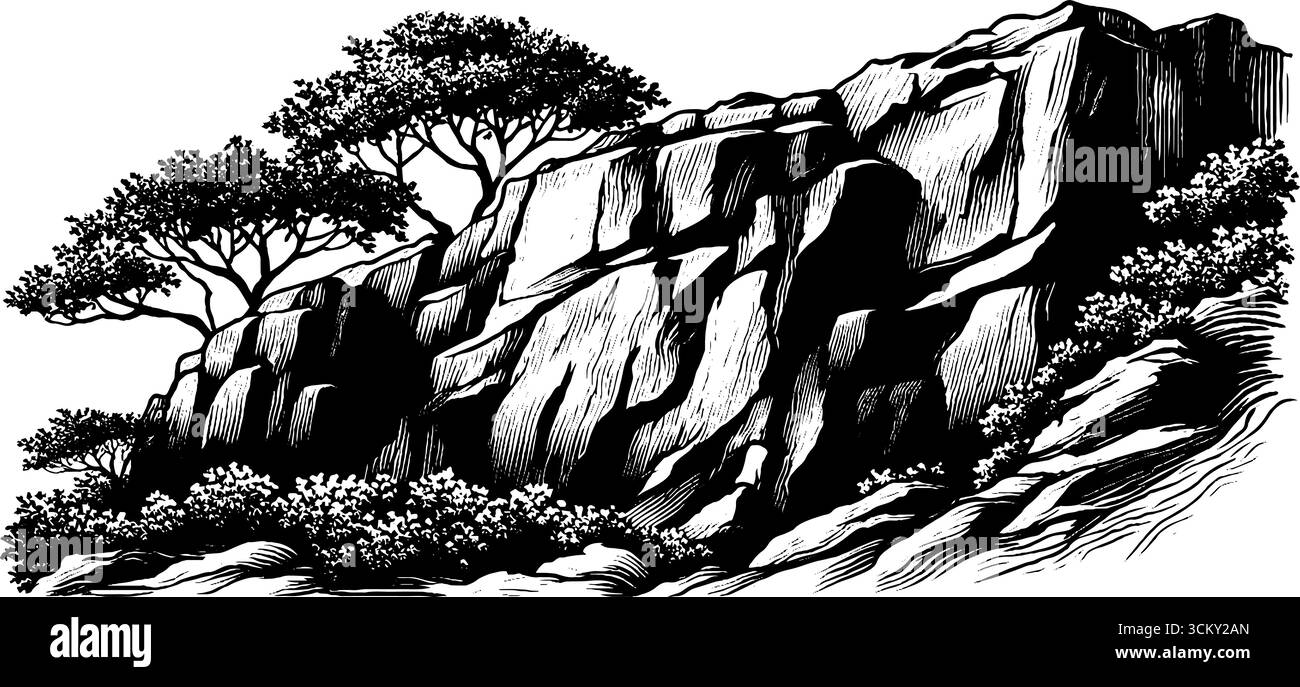 Majestätische felsige Klippe mit vertikalen Rissen und Bäumen in Monochrom für natürliche Landschaftsgestaltung. Stock Vektor